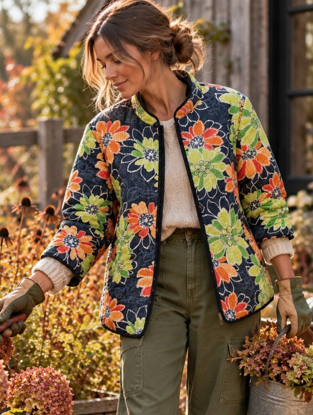 Quilted Floral Shacket Chore Coat Sz 20 Plus 2X Reversible Fall Autumn Barn Farm